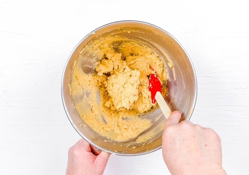 Batter for fruit oatmeal cookies in a mixing bowl.